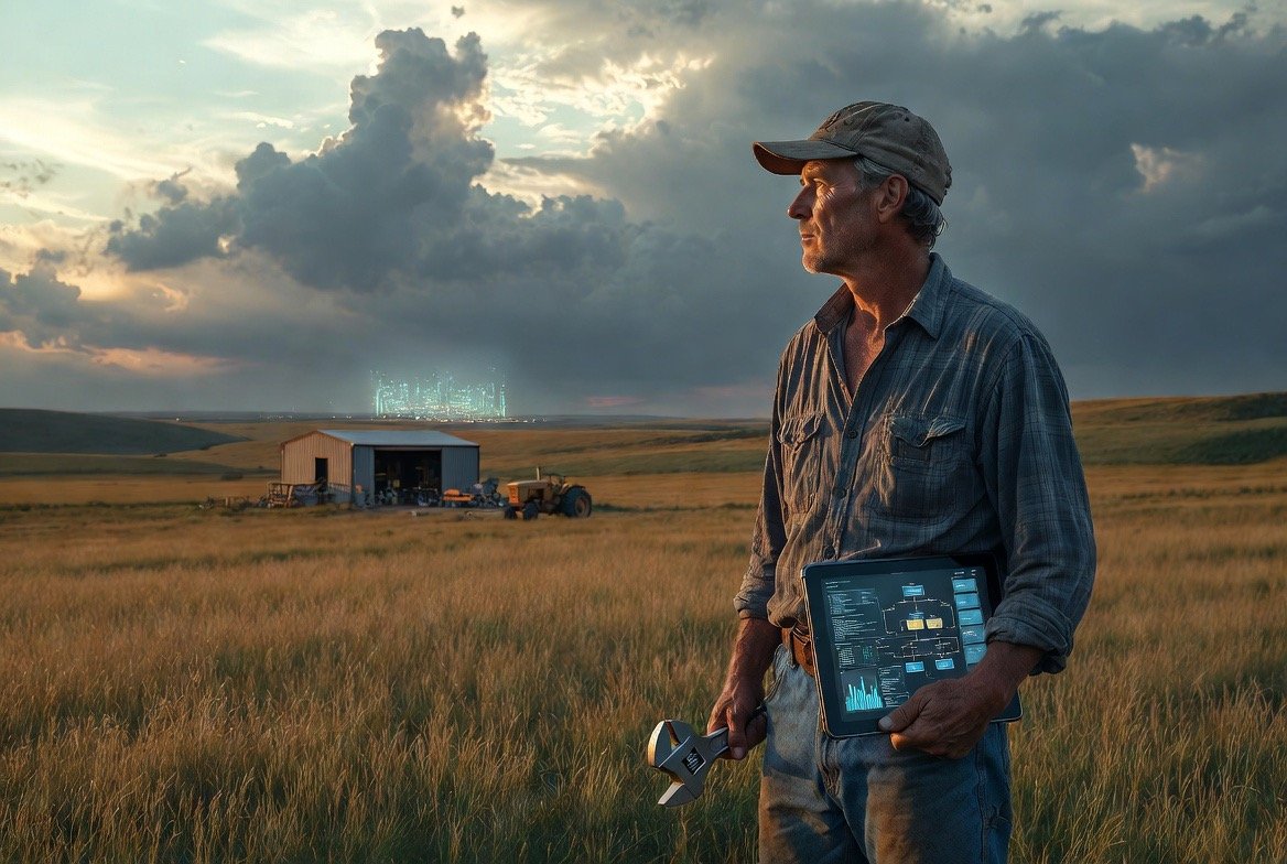 A heartland operator in his field, wrench in one hand and an AI workflow tablet in the other — the tech skyline distant on the horizon